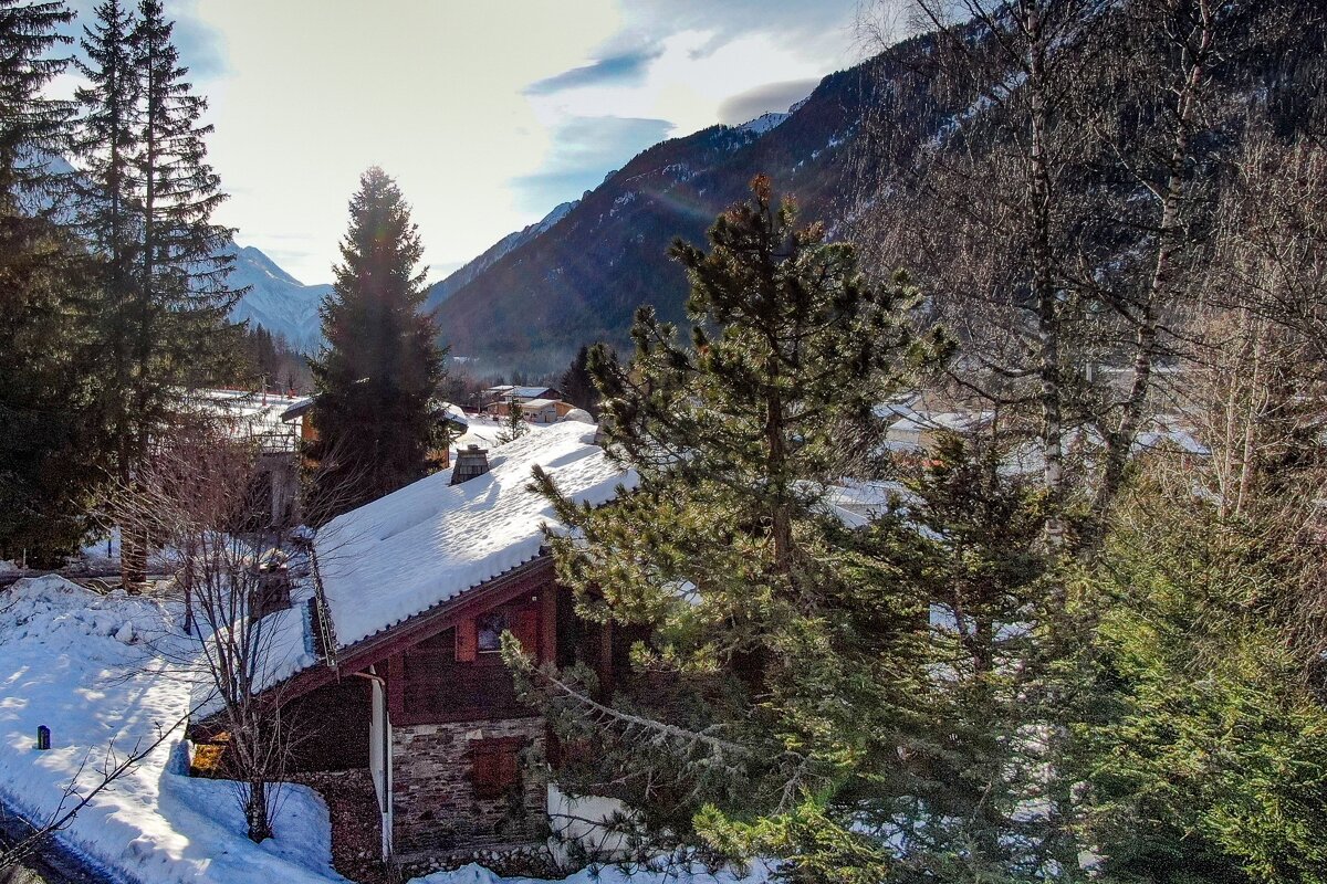 A snowy landscape with trees and mountains in the background