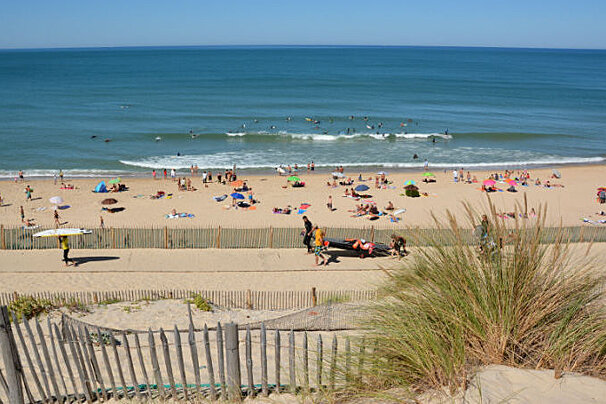 a fence, a beach, surf waves & people