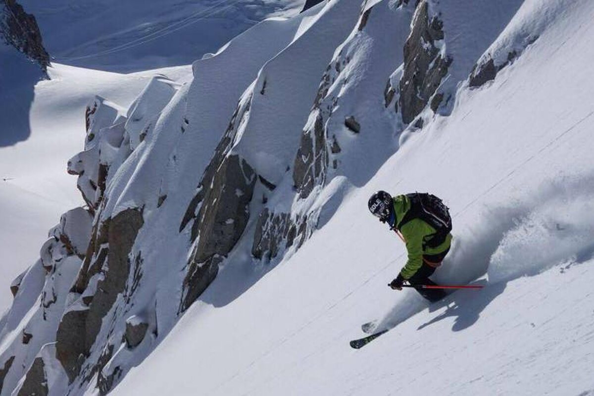 a man skiing a steep line on the valley Blanche