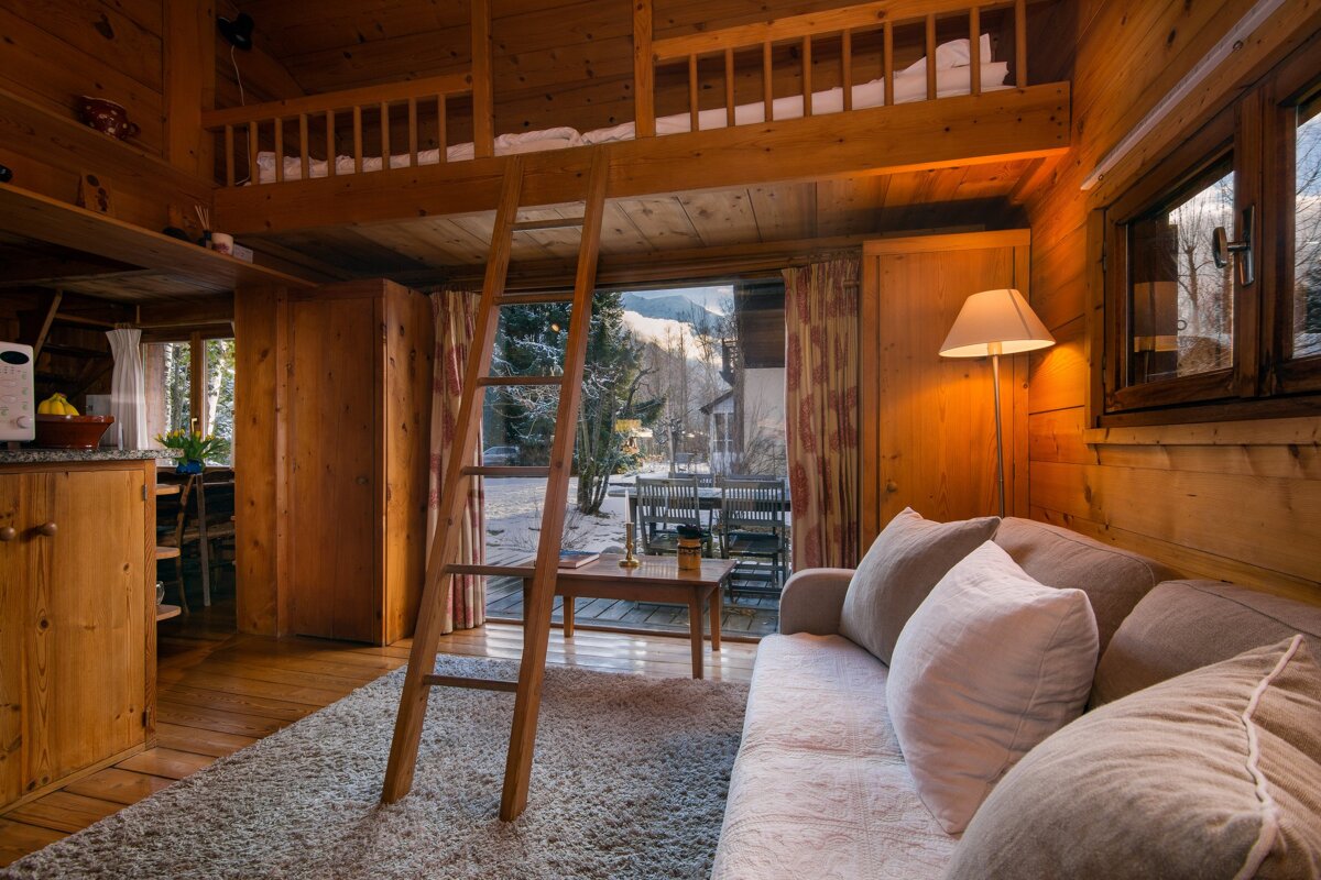 A living room with a ladder leading up to a bunk bed