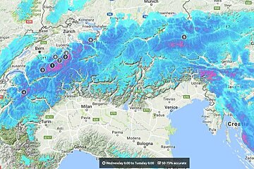 a map of the alps showing snowfall