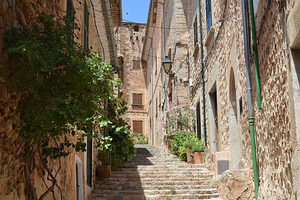 stone houses and steps in a village in mallorca