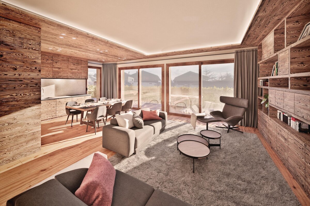Modern open-plan living room and dining area with extensive wood paneling, floor-to-ceiling windows, and contemporary furniture.