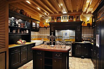 A kitchen with a fleur de lis on the stove top