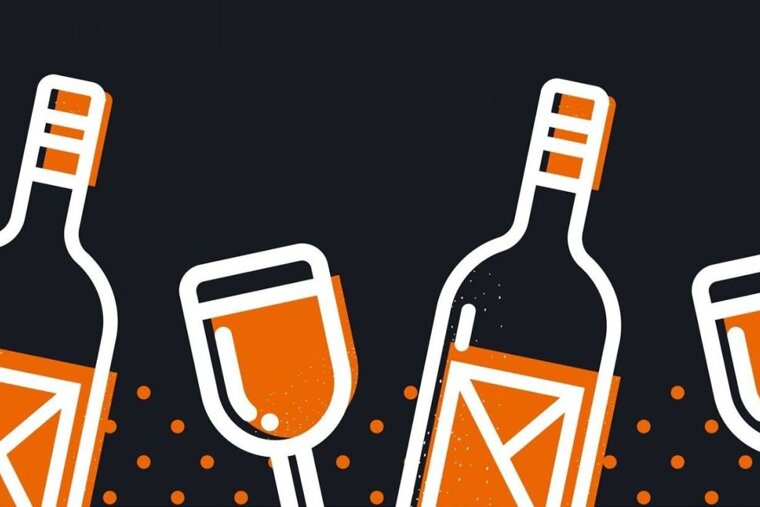 A row of wine bottles and wine glasses on a black background