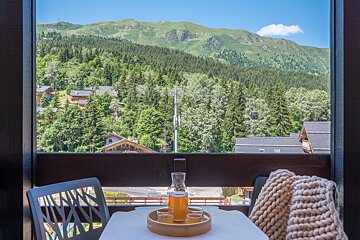 A bottle of beer sits on a table in front of a mountain view
