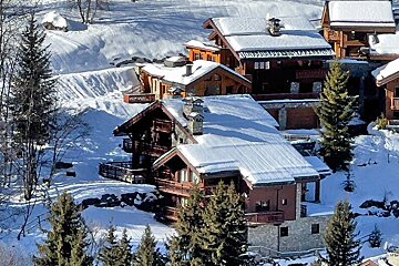 A snowy landscape with a few houses and trees
