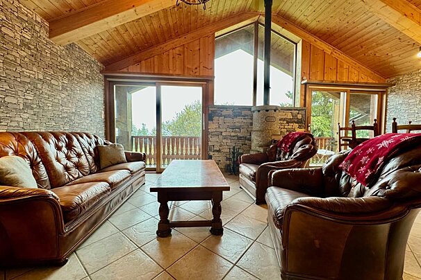 A living room with two leather couches and a coffee table