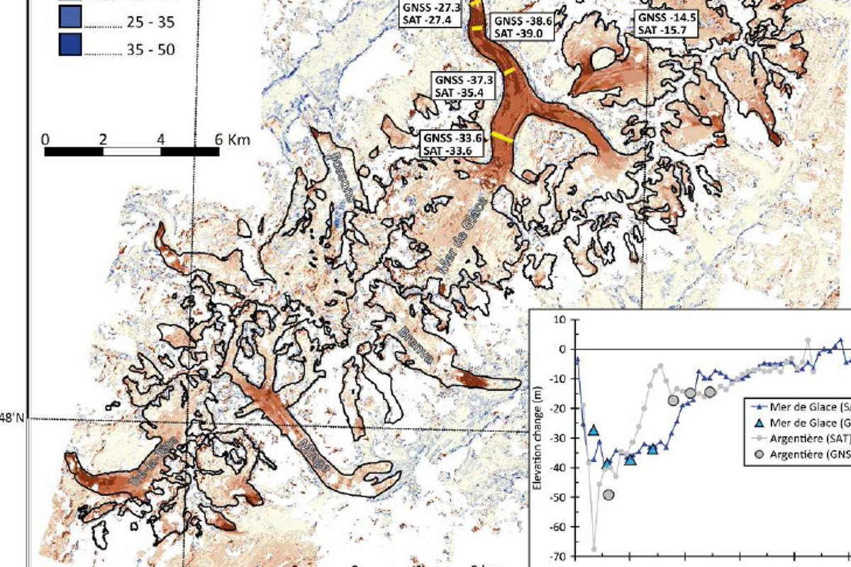 a map showing the retreat of glaciers in the Chamonix valley