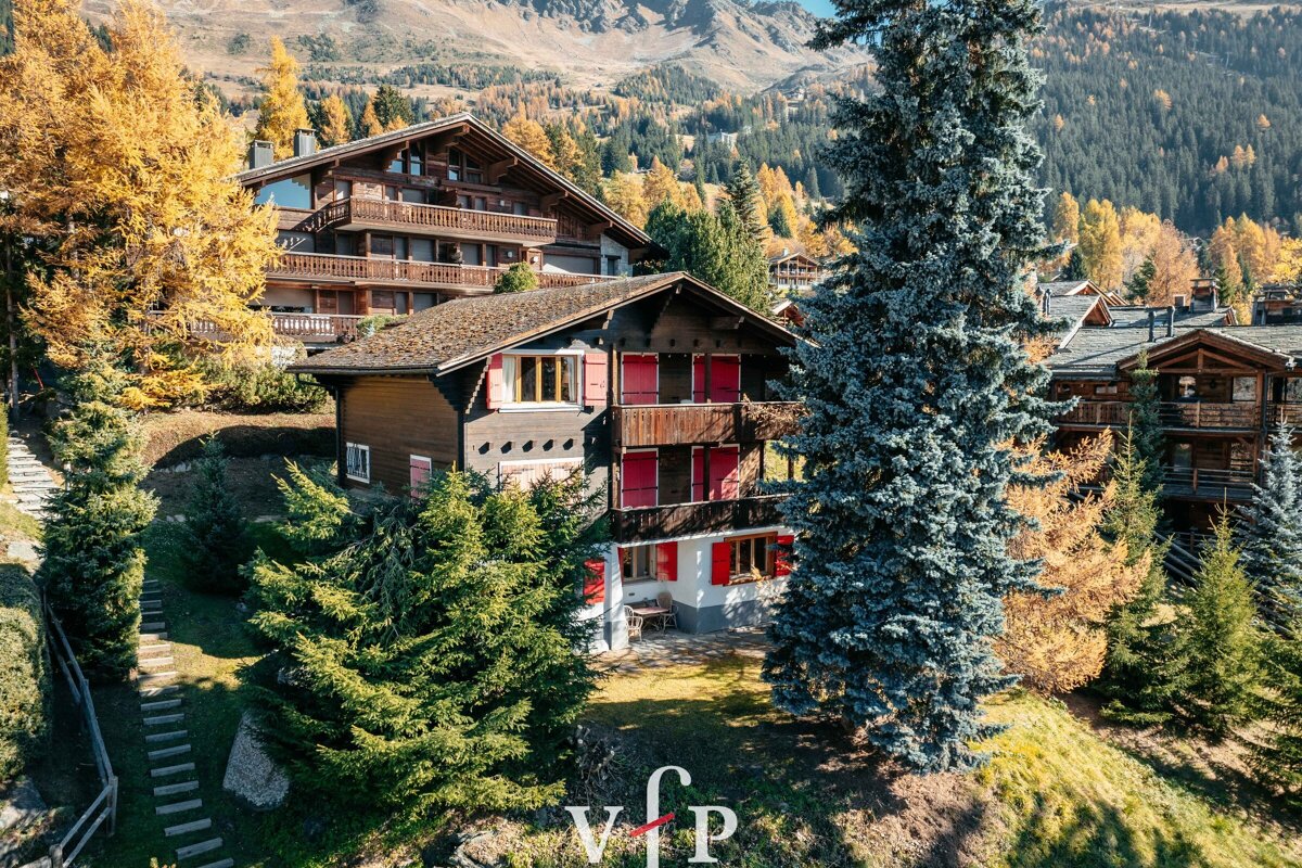 An aerial view of a swiss chalet with the vip logo in the foreground