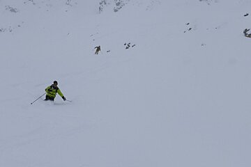 a skier in a yellow jacket
