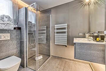 A bathroom with a toilet a sink and a walk in shower