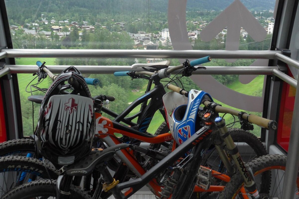 mountain bikes on a lift in chamonix