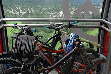 mountain bikes on a lift in chamonix