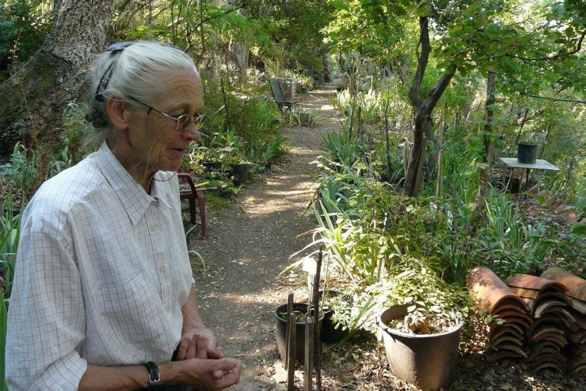 An elderly woman stands in a garden surrounded by potted plants