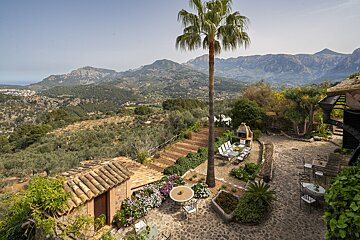 A patio with a palm tree and mountains in the background