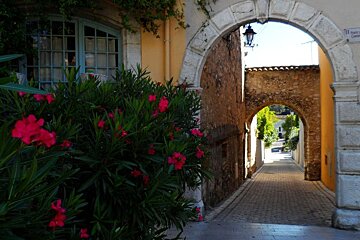 a stone archway over a cobbled street
