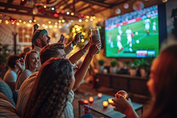 A group watches a soccer game on TV, cheering with raised drinks in a festive, cozy room lit by string lights.