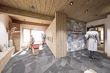 Cozy modern chalet lobby with wood-paneled walls/ceiling, stone accent wall, patterned carpet, and figures by a sunny window. 
