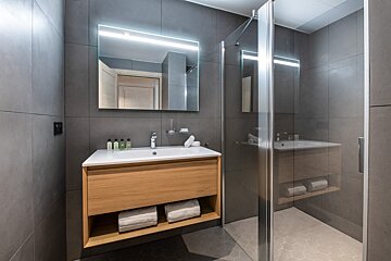 A bathroom with a sink a mirror and a walk in shower