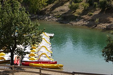 A row of pedal boats sit on a dock near a lake