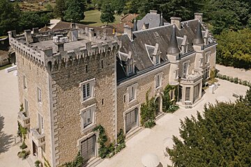 An aerial view of a large stone castle surrounded by trees
