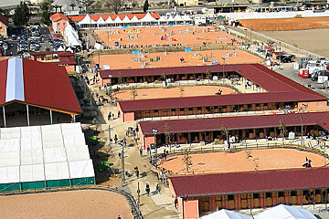 An aerial view of a horse stable with a red roof