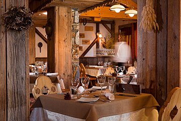 A blurred image of a restaurant with tables and chairs