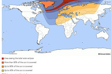 map showing how much of the sun will be covered during the eclipse
