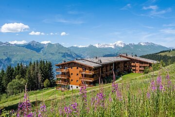A building with purple flowers in front of it and mountains in the background