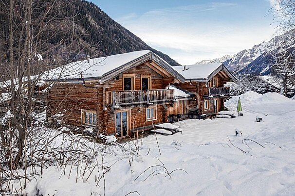 A log cabin is surrounded by snow and trees and has a green umbrella in front of it