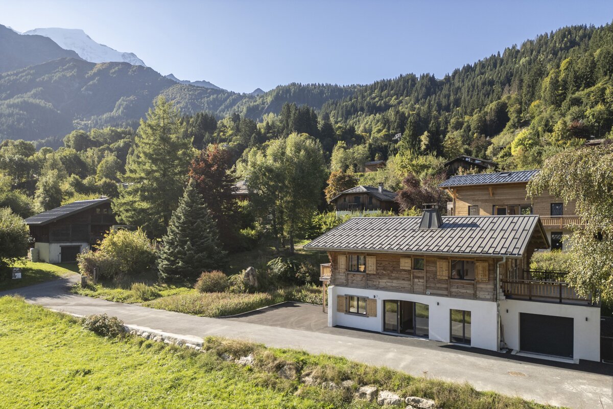 A scenic mountain village with traditional wooden chalets nestled in lush green forests under a clear blue sky, with a snowy peak in the distance.