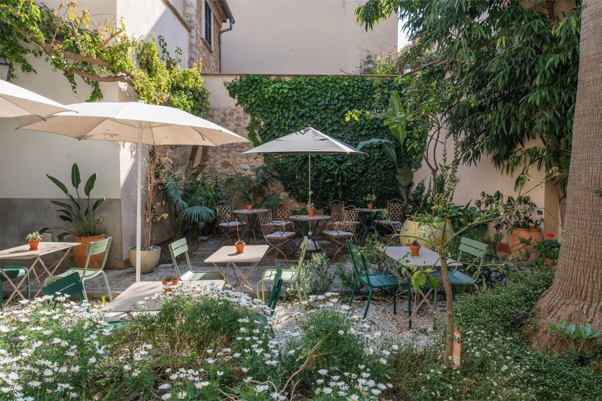 A serene outdoor cafe courtyard with tables, chairs, umbrellas, lush plants, and white daisy-like flowers in bloom.
