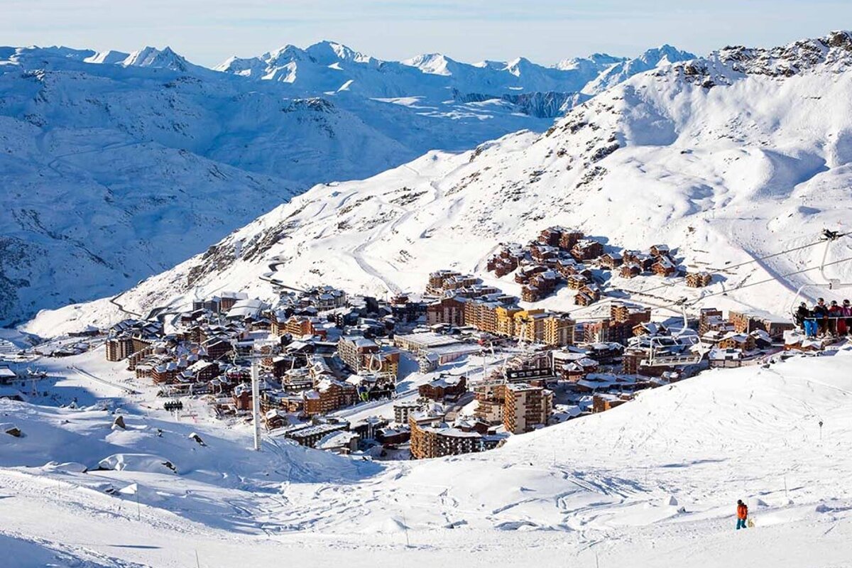 A ski resort is surrounded by snow covered mountains