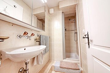 A bathroom with a sink and a shower stall