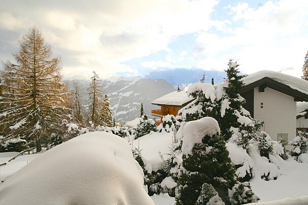 Snow covered trees in front of a house with mountains in the background