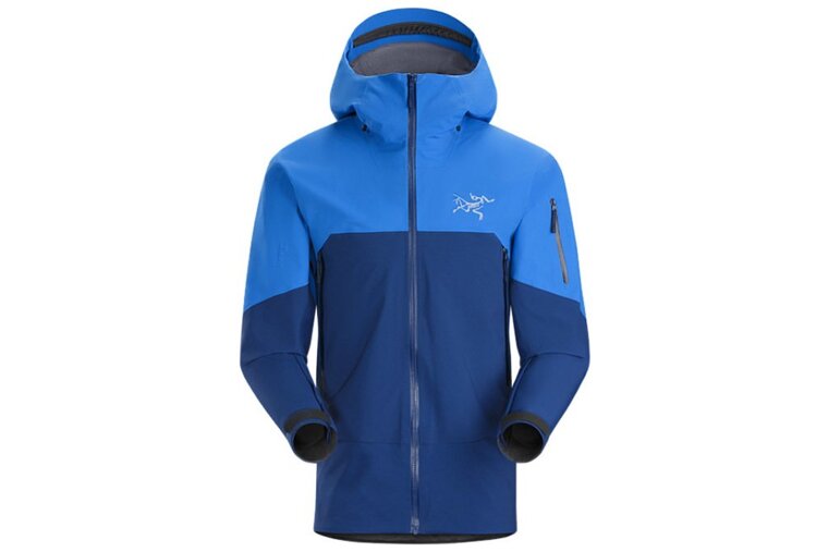 A blue jacket with the word arcteryx on it