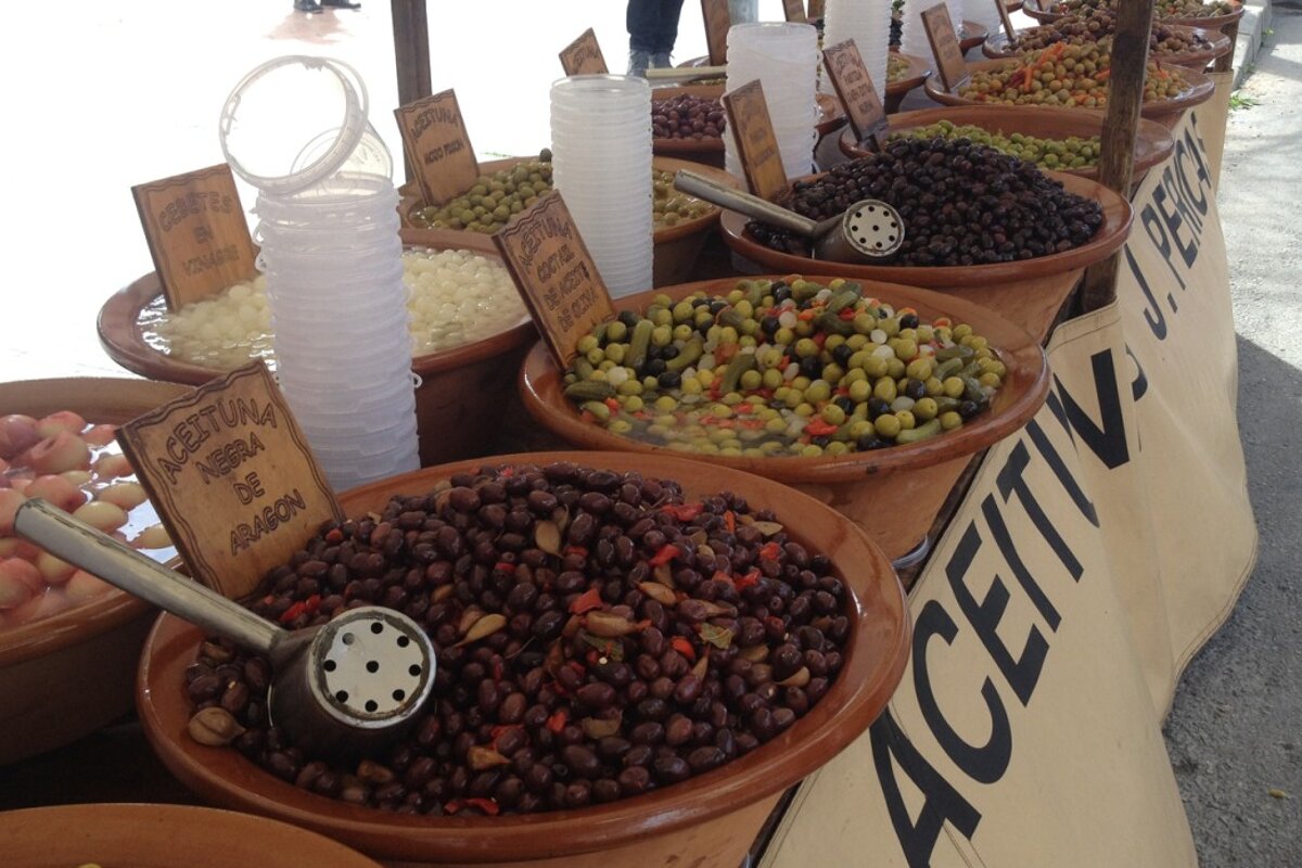 Olive stall at Son Ferriol Fair in palma