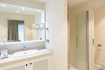 A bathroom with a sink a mirror and a walk in shower