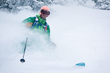 skiing through powder in chamonix