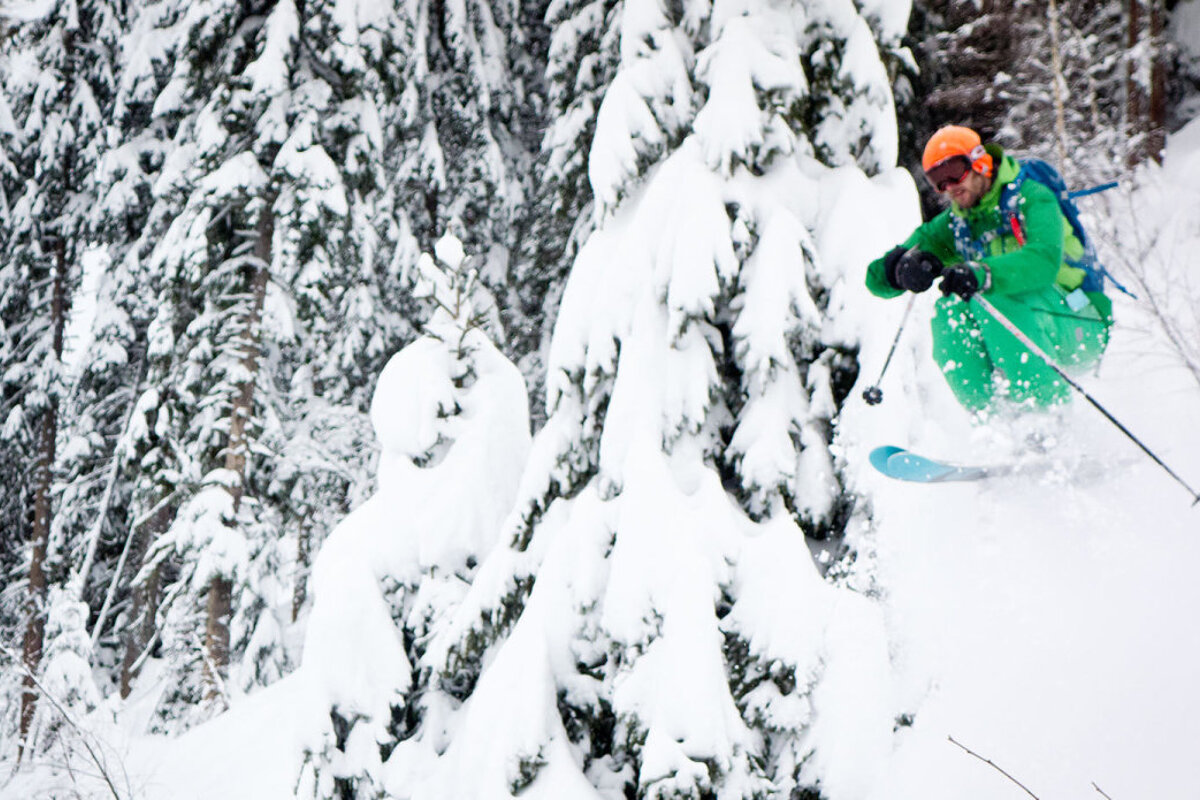 a skier jumping through the trees
