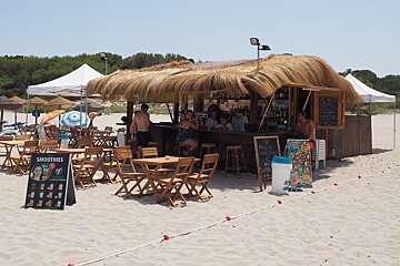 a beach bar with reeds on the roof