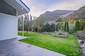 A lush green yard with mountains in the background