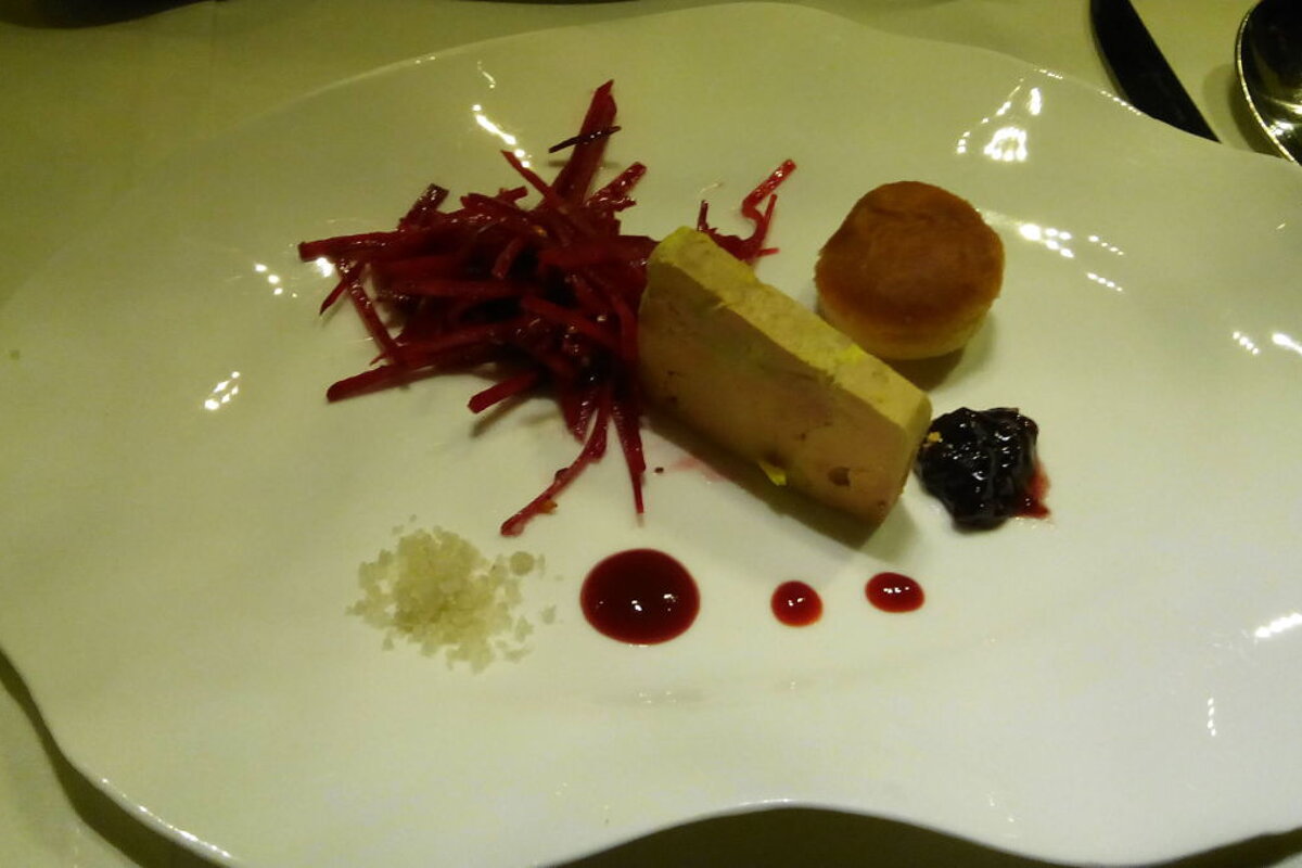 PLate of foie gras with beetroot and salt