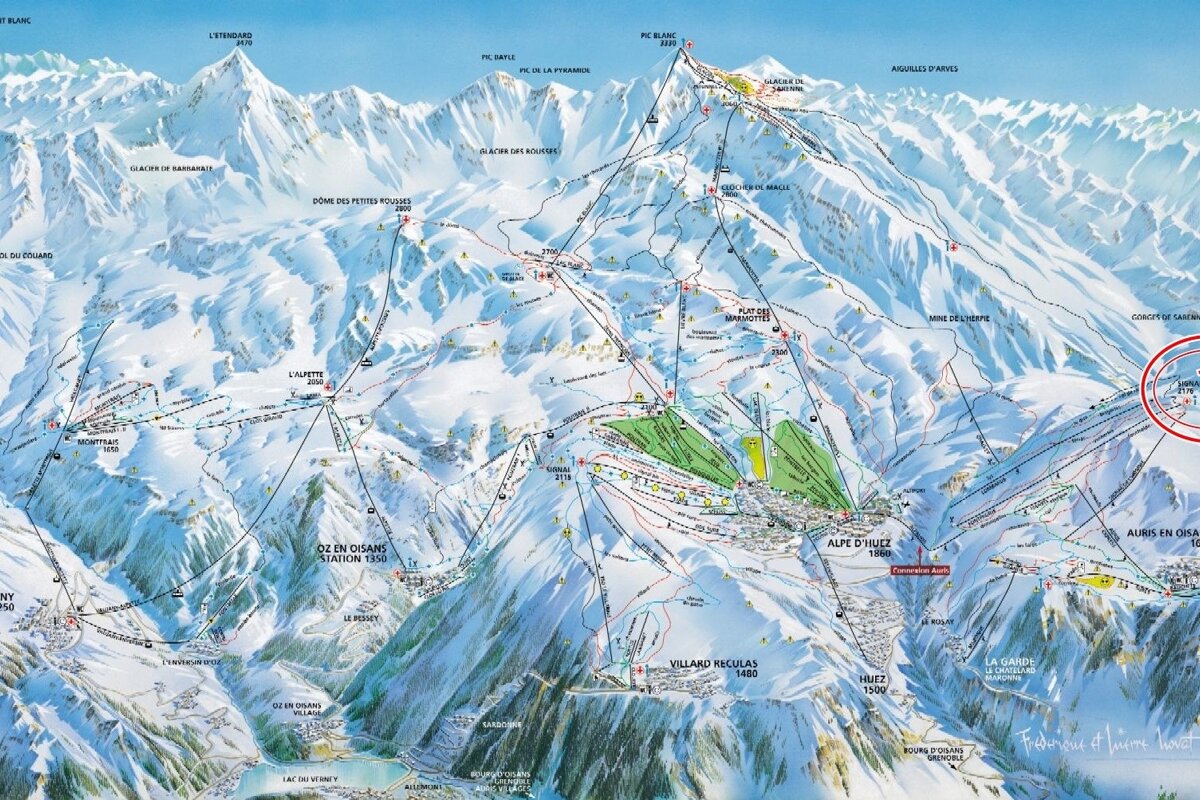 A map of the french alps with a red circle in the middle