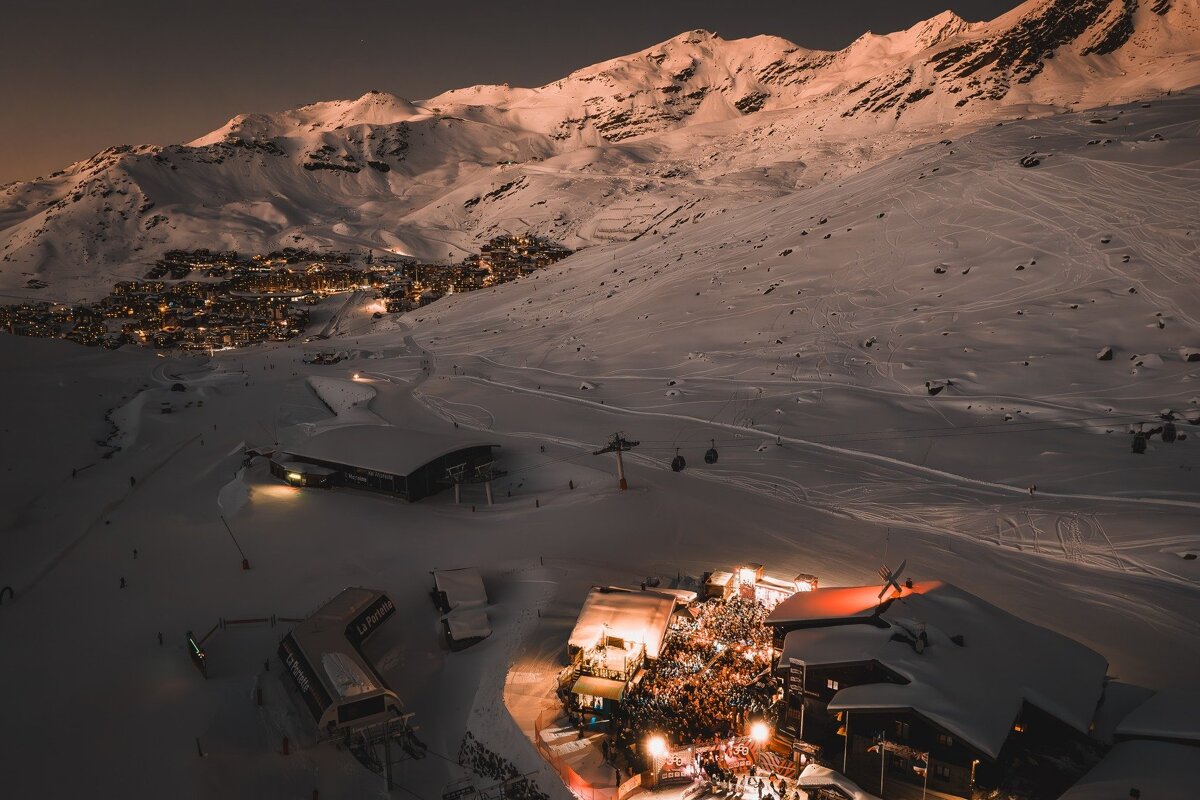 An aerial view of a ski resort at night
