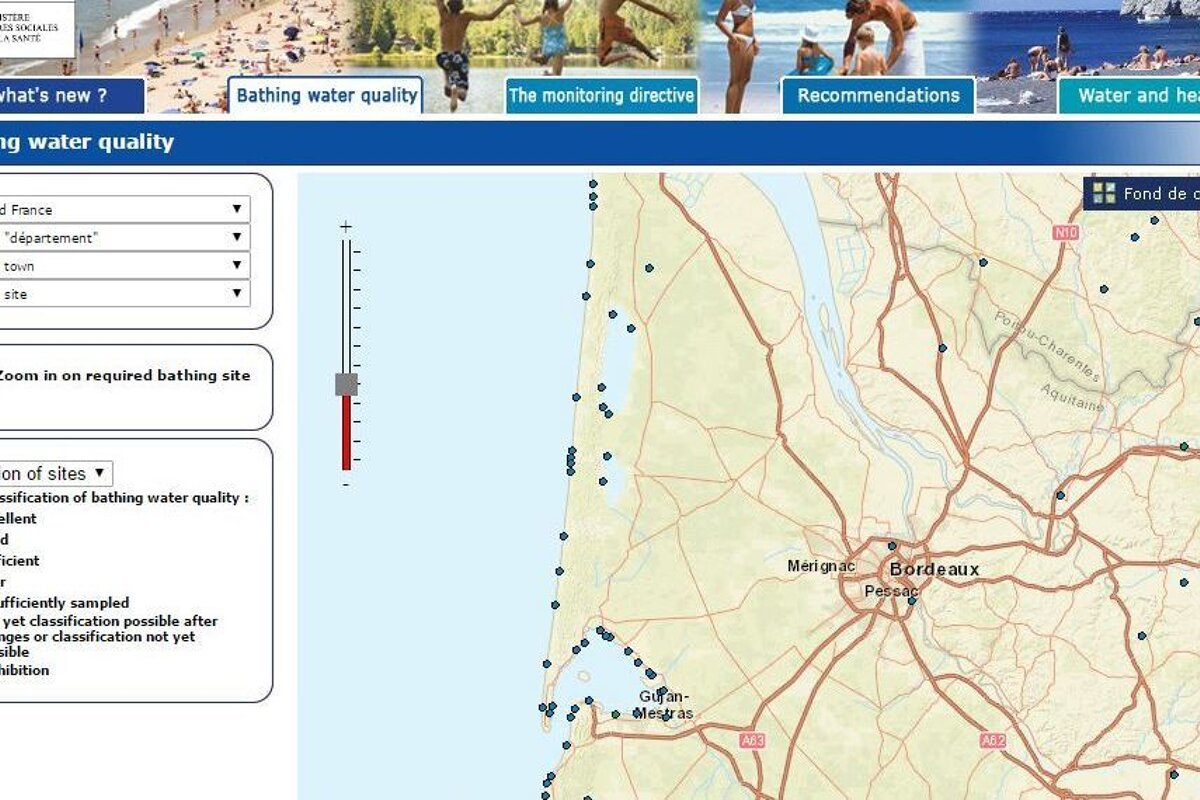interactive map for bathing spots & water quality in Bordeaux