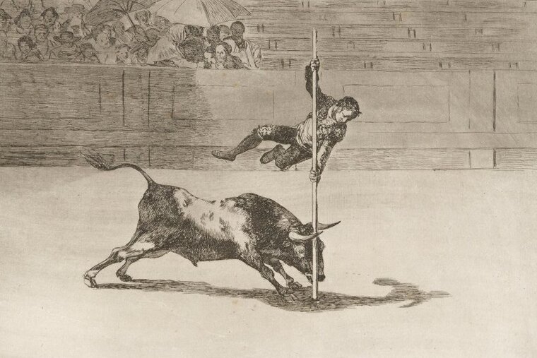 a lithograph print by the artist Goya of a man spearing a bull