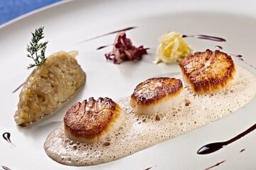 A plate of food with scallops and sauce on it
