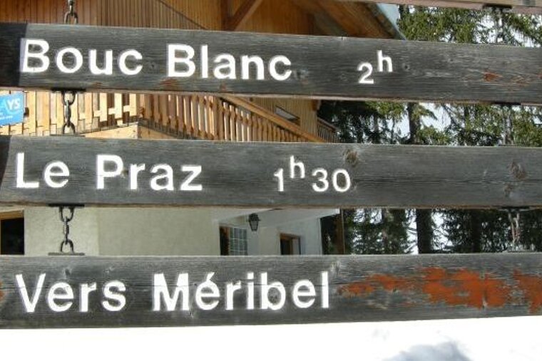 Image of a sign post made of wood with white writing and a chalet in the background